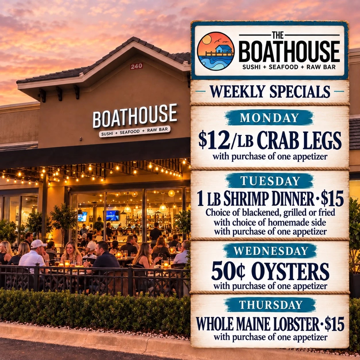 Boathouse Ponte Vedra weekly specials: Monday $12 per pound crab legs, Tuesday 1 pound shrimp dinner $15, Wednesday 50 cent oysters, Thursday whole Maine lobster $15, each with purchase of one appetizer